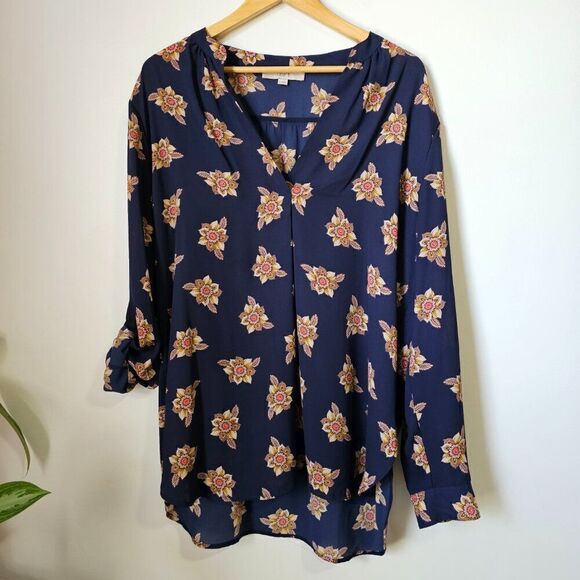 EUC LIKE NEW LOFT MEDALLION FLORAL PRINT SPLIT V NECK LONGSLEEVES TOP SIZE XL - Picture 1 of 16